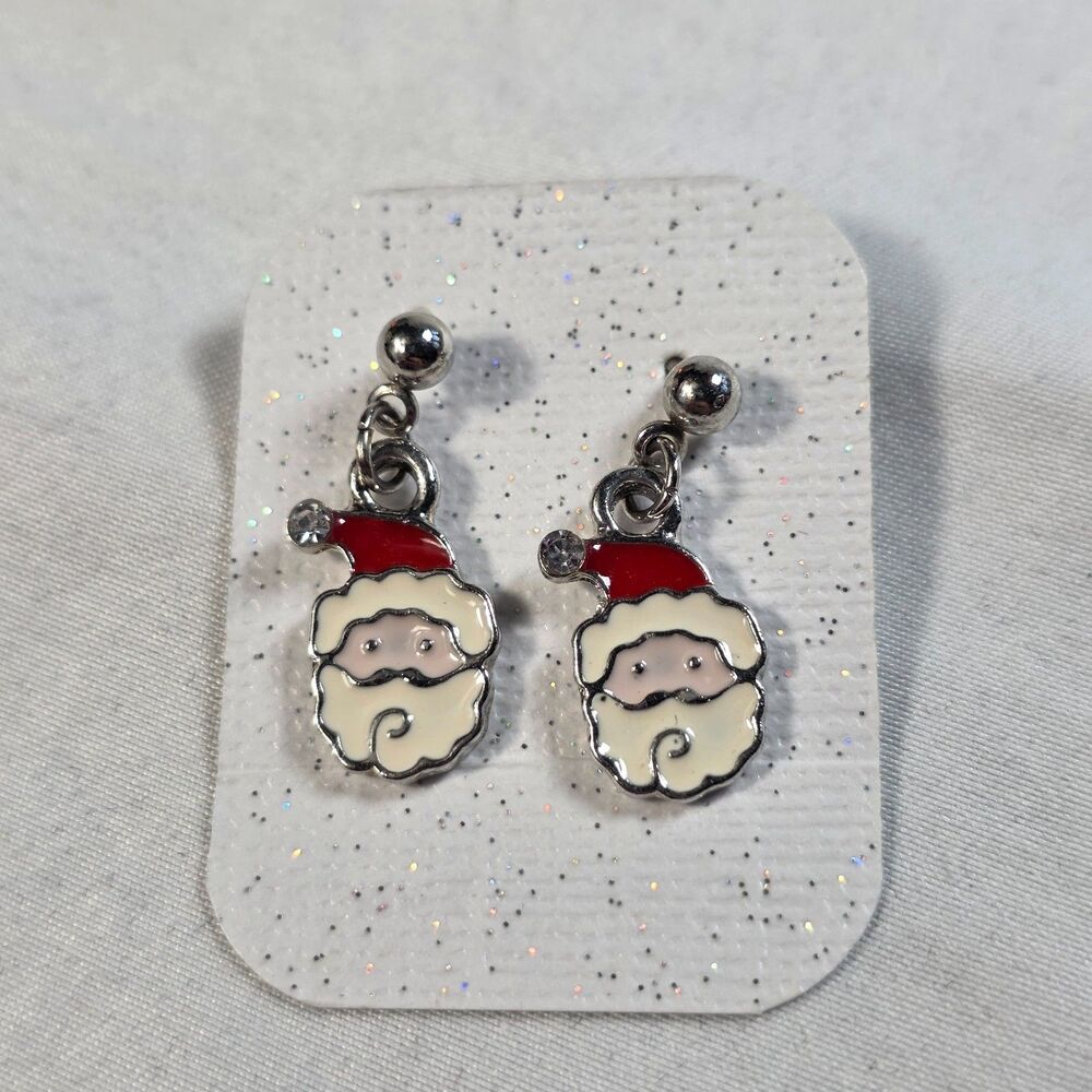 Enamel Santa Claus Dangle Earrings Christmas Holiday Fashion Jewelry Silver Tone